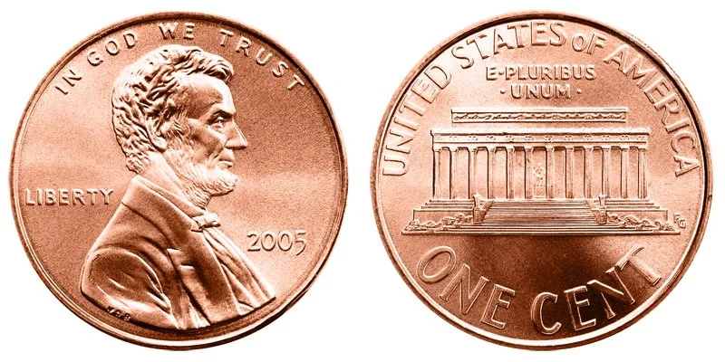 2005 Lincoln Memorial penny obverse and reverse showing Lincoln portrait and Memorial design