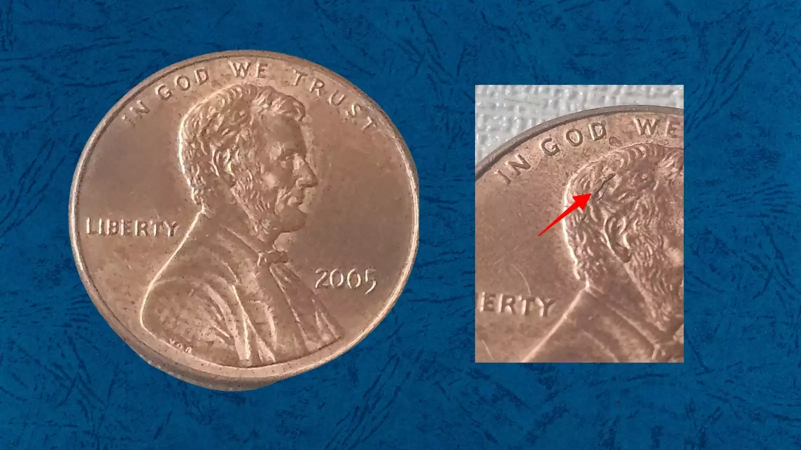 2005 Lincoln penny die crack and die cud error showing raised irregular metal line across the surface