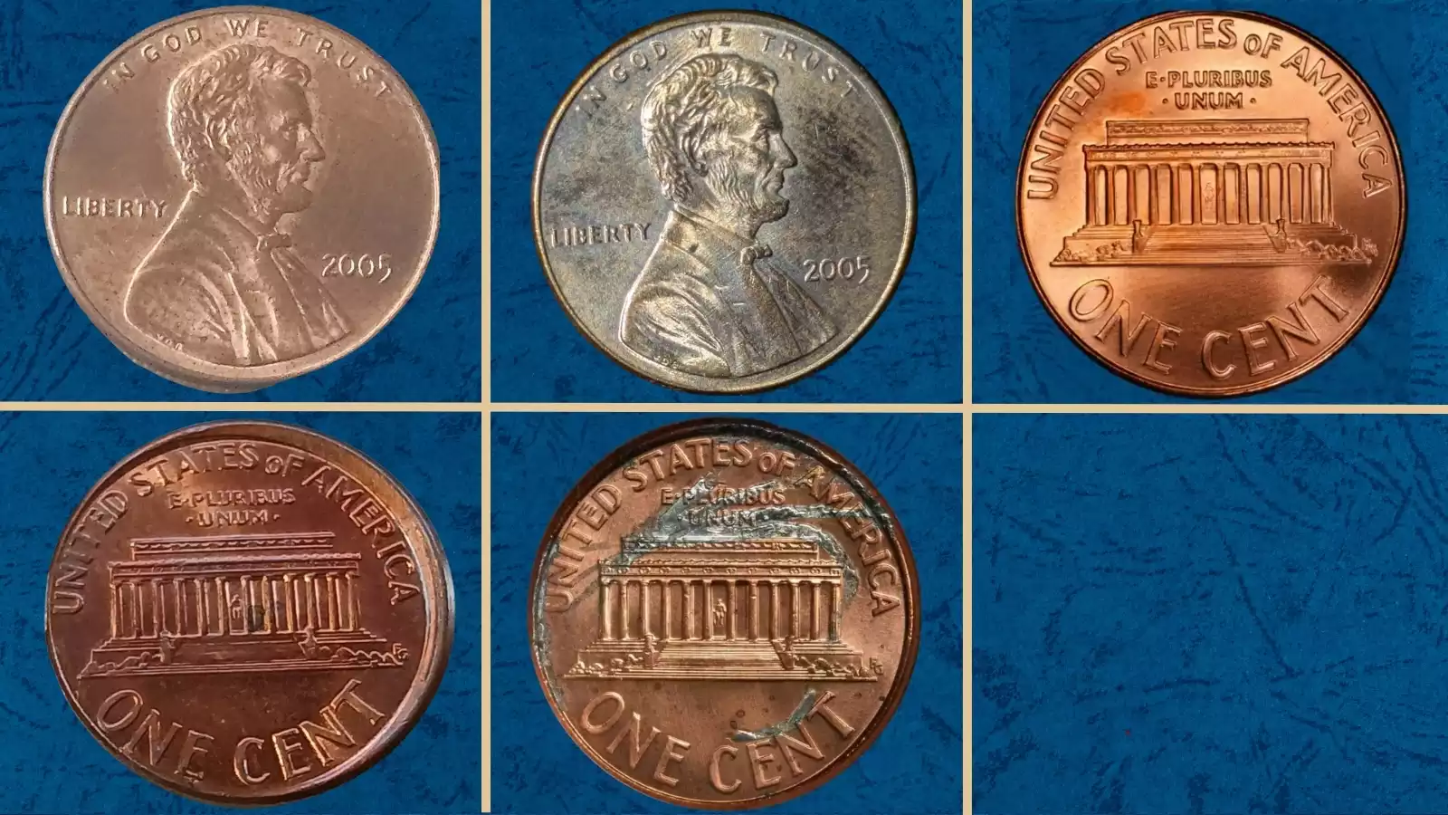 Group of 2005 Lincoln Memorial pennies showing various grades and mint mark varieties arranged for comparison