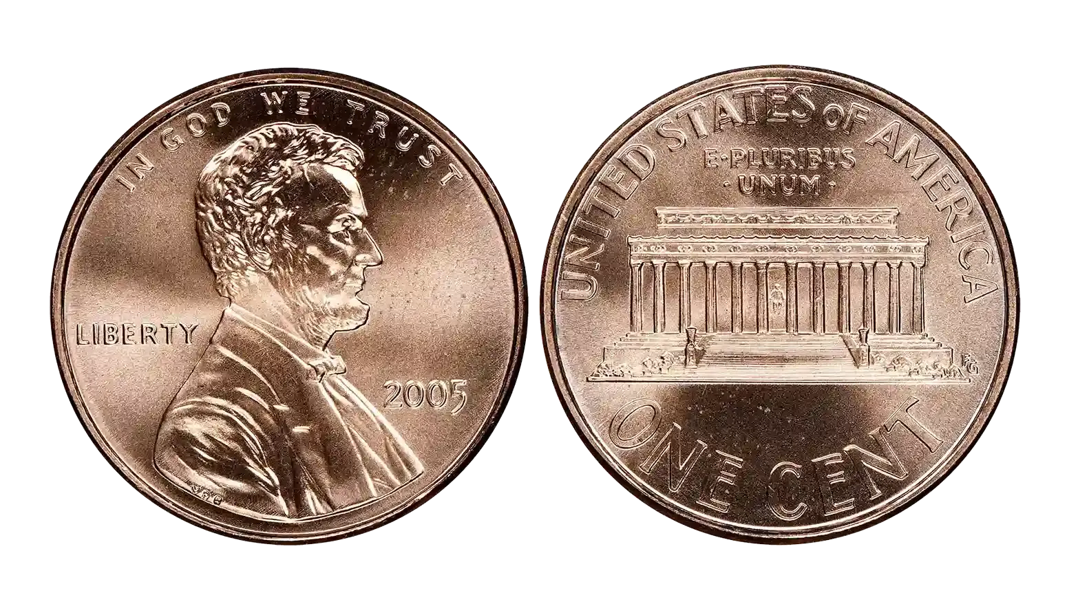 2005 Lincoln penny grading strip showing four condition tiers from worn to gem uncirculated with grade labels